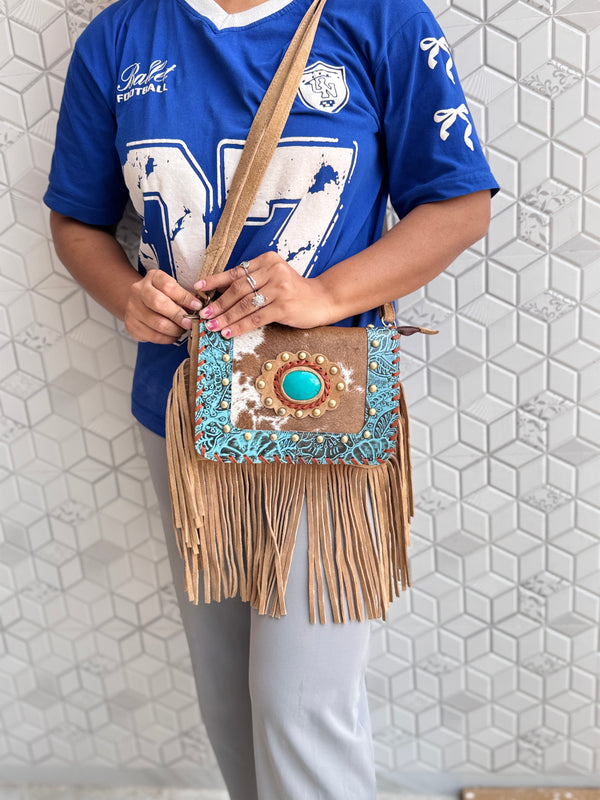 Real Cowhide Fringe Handbag Turquoise Stone Sling Bag Gypsy Boho Vintage Handmade BagStylish Bags (Copy)
