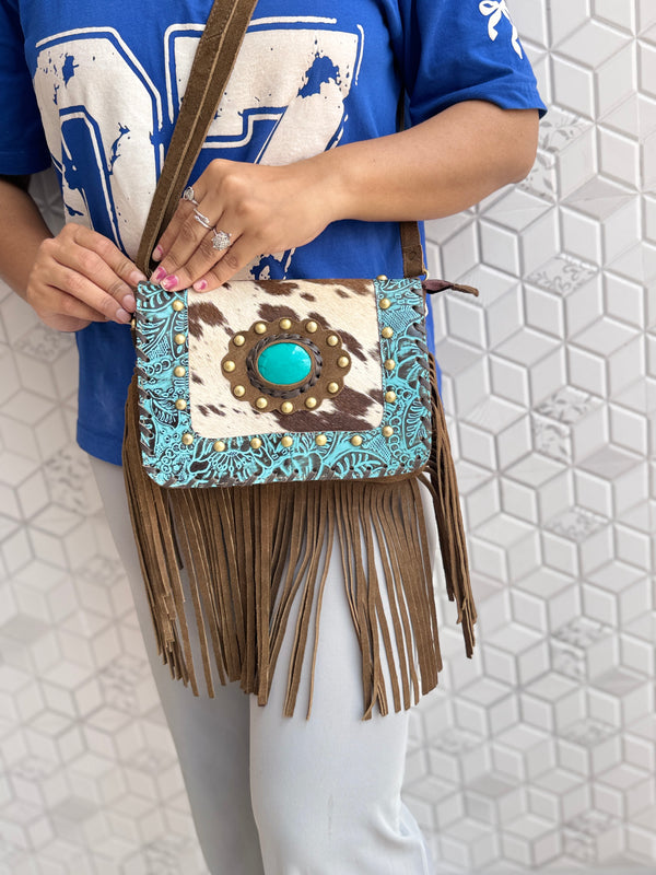 Real Cowhide Fringe Handbag Turquoise Stone Sling Bag Gypsy Boho Vintage Handmade BagStylish Bags (Copy)