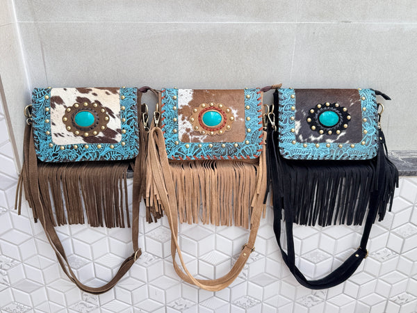 Real Cowhide Fringe Handbag Turquoise Stone Sling Bag Gypsy Boho Vintage Handmade BagStylish Bags (Copy)