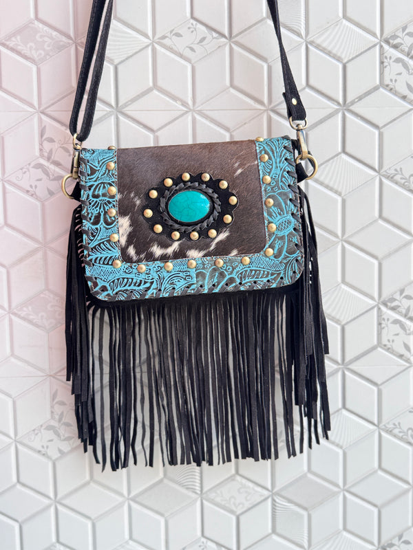 Real Cowhide Fringe Handbag Turquoise Stone Sling Bag Gypsy Boho Vintage Handmade BagStylish Bags (Copy)