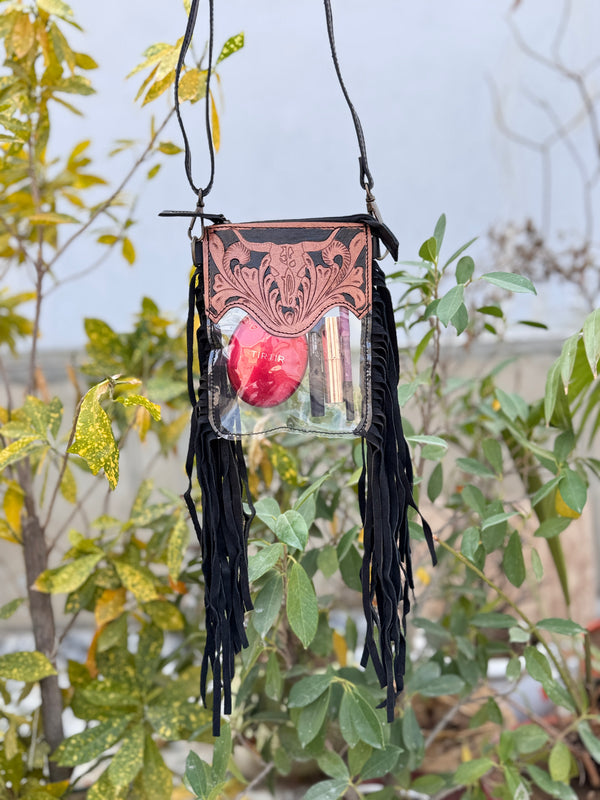 Hand Tooled Carving Leather Fringe Transparent Clear Bag Stylish Phone Purse