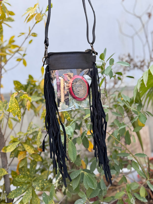 Hand Tooled Carving Leather Fringe Transparent Clear Bag Stylish Phone Purse
