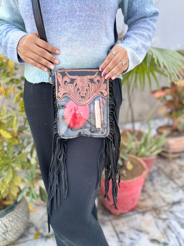 Hand Tooled Carving Leather Fringe Transparent Clear Bag Stylish Phone Purse