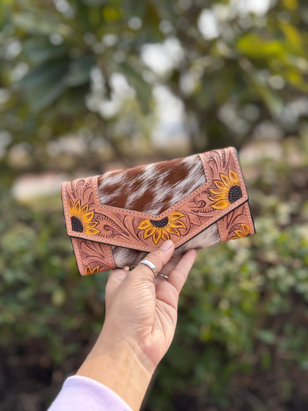 Hand Tooled Clutch Stylish Genuine Leather Cowhide Fur Leather Western Clutches