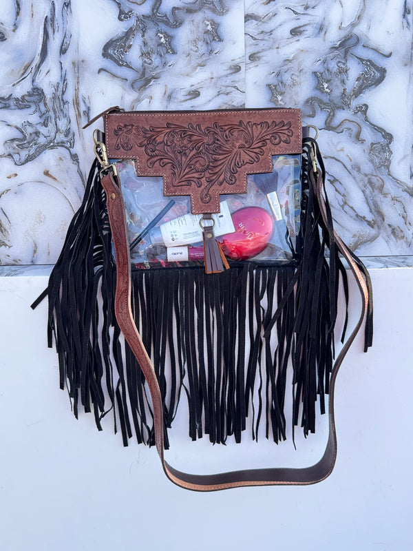 Western Fringe Transparent Clear Bag Stylish Hand Tooled Carving Leather Purse