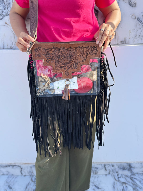 Western Fringe Transparent Clear Bag Stylish Hand Tooled Carving Leather Purse