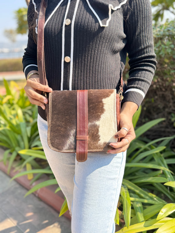 Genuine Leather Handbag Sling Bag Gypsy Boho Cowhide Fur Leather Vintage Handmade Western Style Bag