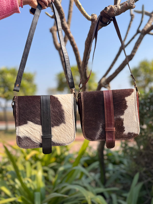 Genuine Leather Handbag Sling Bag Gypsy Boho Cowhide Fur Leather Vintage Handmade Western Style Bag