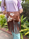 Hand Tooled Carving Leather Fringe Tote Bag Stylish Purse Cowhide Fur Leather Bags for Women's
