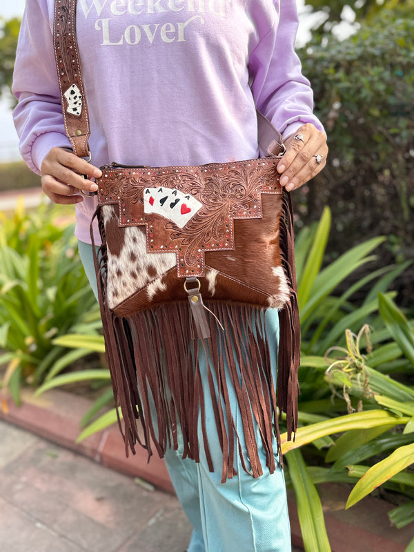 Hand Tooled Carving Leather Fringe Tote Bag Stylish Purse Cowhide Fur Leather Bags for Women's