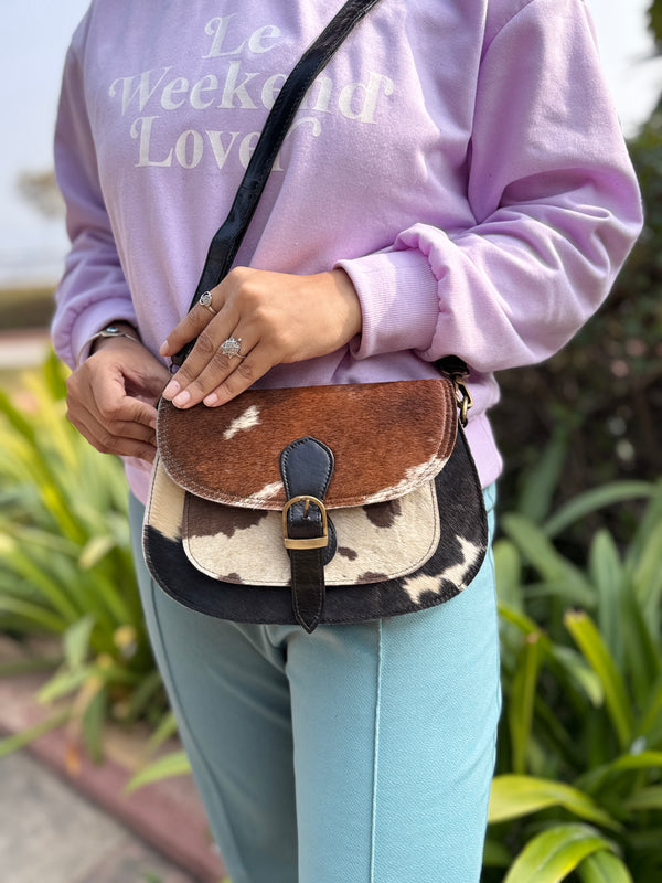 Women's Real Cowhide Fur Leather Western Style Sling Bag Handbag