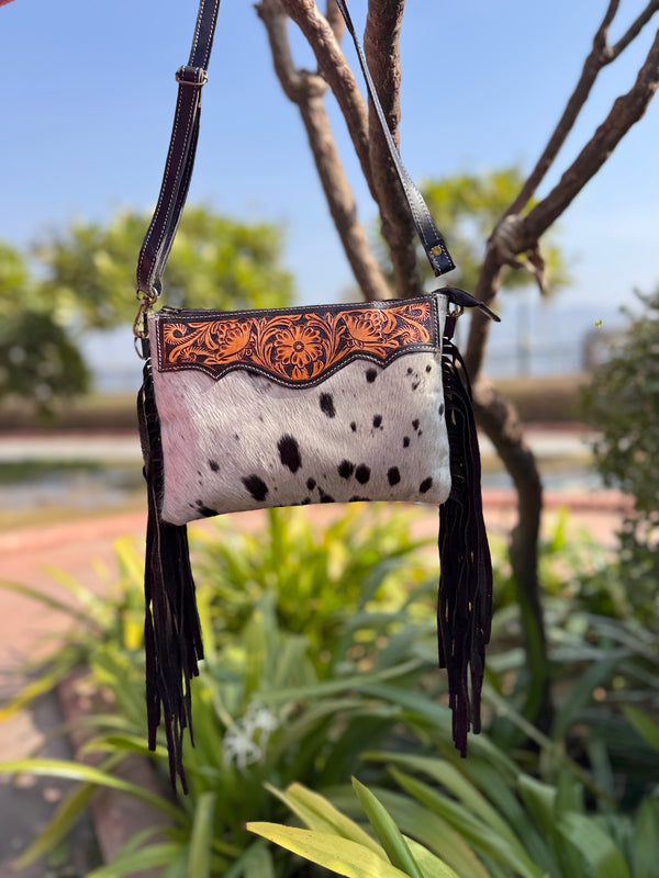 Hand Tooled Carving Leather Fringe Handbag Cowhide Fur Gypsy Vintage Handmade Shoulder Bag
