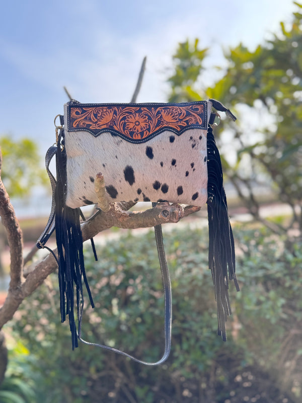 Hand Tooled Carving Leather Fringe Handbag Cowhide Fur Gypsy Vintage Handmade Shoulder Bag