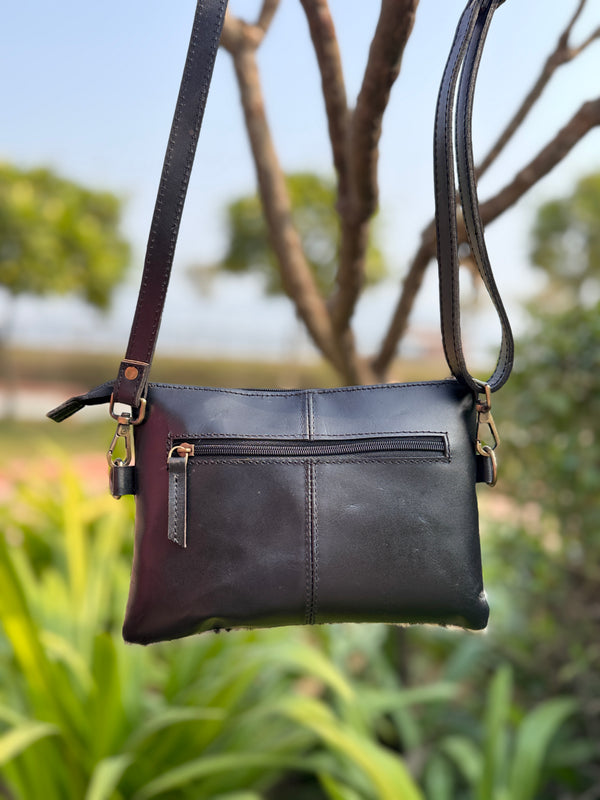 Cowhide Fur Leather Handbag Hand Tooled Carving Leather Sling Bag
