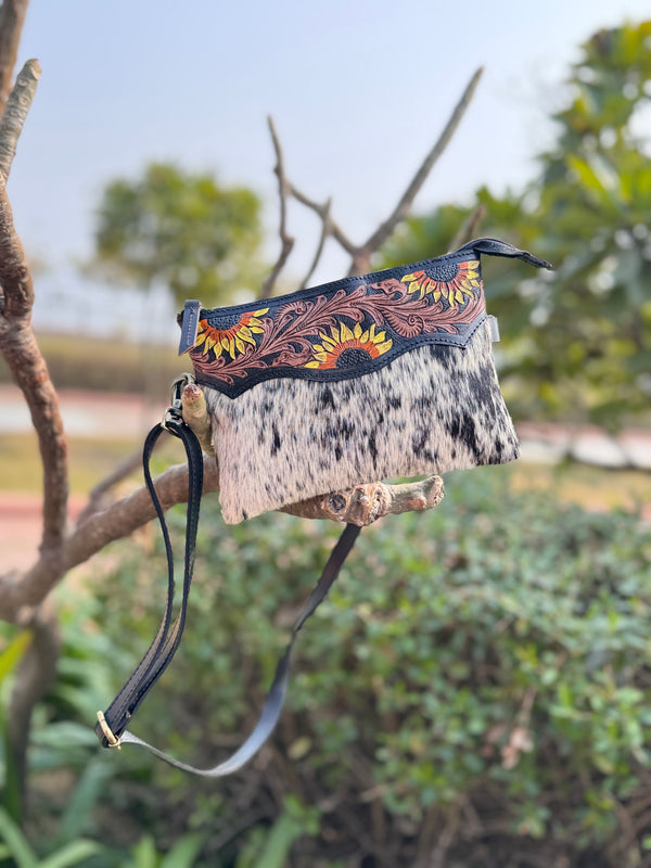 Cowhide Fur Leather Handbag Hand Tooled Carving Leather Sling Bag
