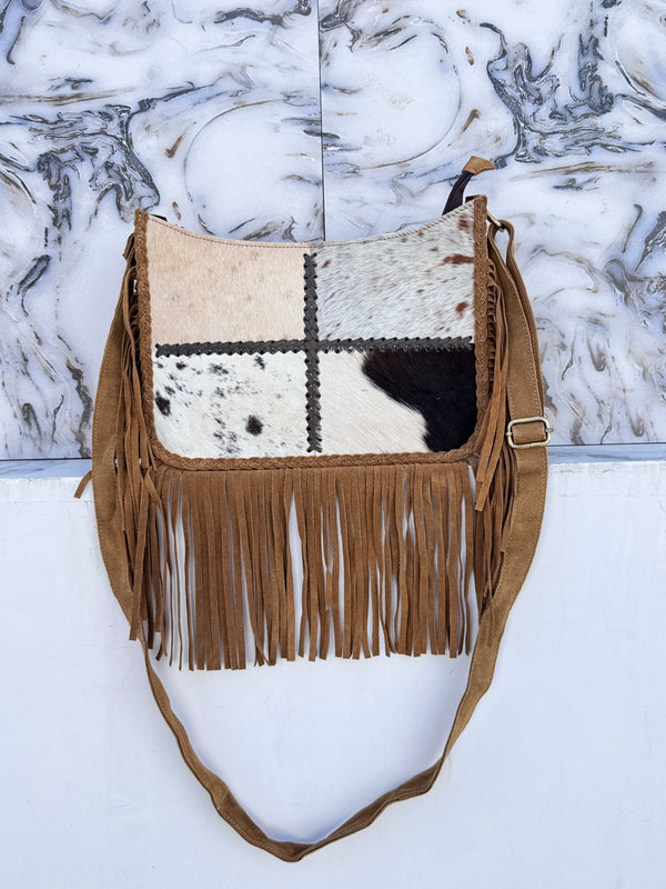 Hair on Hide Fur Fringe Leather Sling Bag Patches Cowhide Fur Handbag