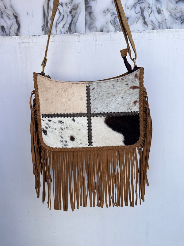 Hair on Hide Fur Fringe Leather Sling Bag Patches Cowhide Fur Handbag