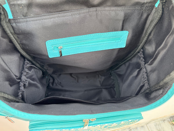 Carving Tooled Leather Stylish Backpack School Bags Turquoise Colour Hair On Hide Fur Unisex Backpack