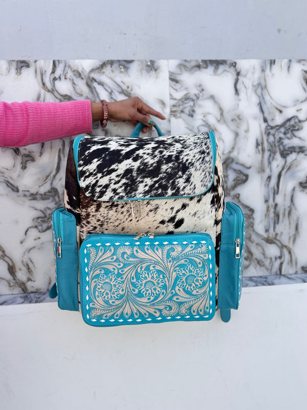 Carving Tooled Leather Stylish Backpack School Bags Turquoise Colour Hair On Hide Fur Unisex Backpack
