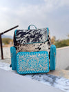 Carving Tooled Leather Stylish Backpack School Bags Turquoise Colour Hair On Hide Fur Unisex Backpack