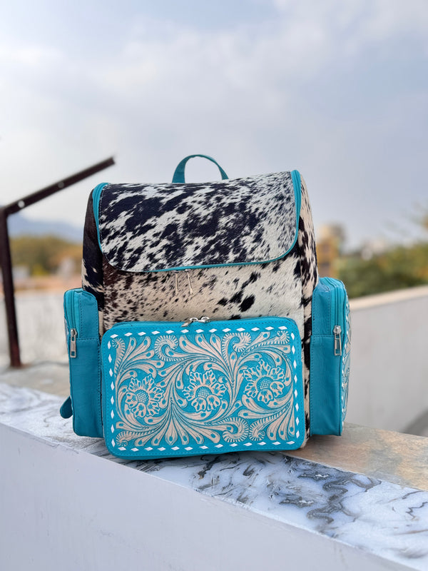 Carving Tooled Leather Stylish Backpack School Bags Turquoise Colour Hair On Hide Fur Unisex Backpack