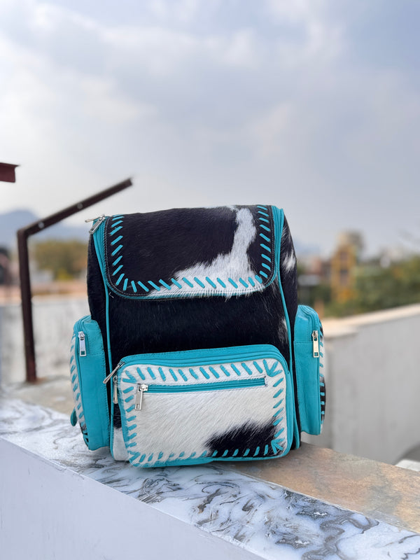 Hair On Hide Fur Leather Backpack School Bags Turquoise Colour Unisex Bag