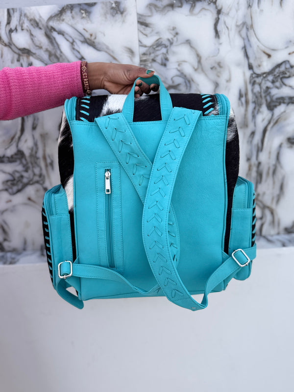 Hair On Hide Fur Leather Backpack School Bags Turquoise Colour Unisex Bag