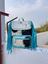 Cowhide Fur Leather Fringe Backpack School Bags Turquoise Colour Unisex Bag