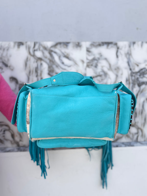 Cowhide Fur Leather Fringe Backpack School Bags Turquoise Colour Unisex Bag
