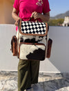 Hand Tooled Leather Backpack Hair On Hide Fur Stylish Backpack Checkers Pattern School Bags Unisex Bag