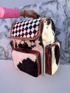 Hand Tooled Leather Backpack Hair On Hide Fur Stylish Backpack Checkers Pattern School Bags Unisex Bag