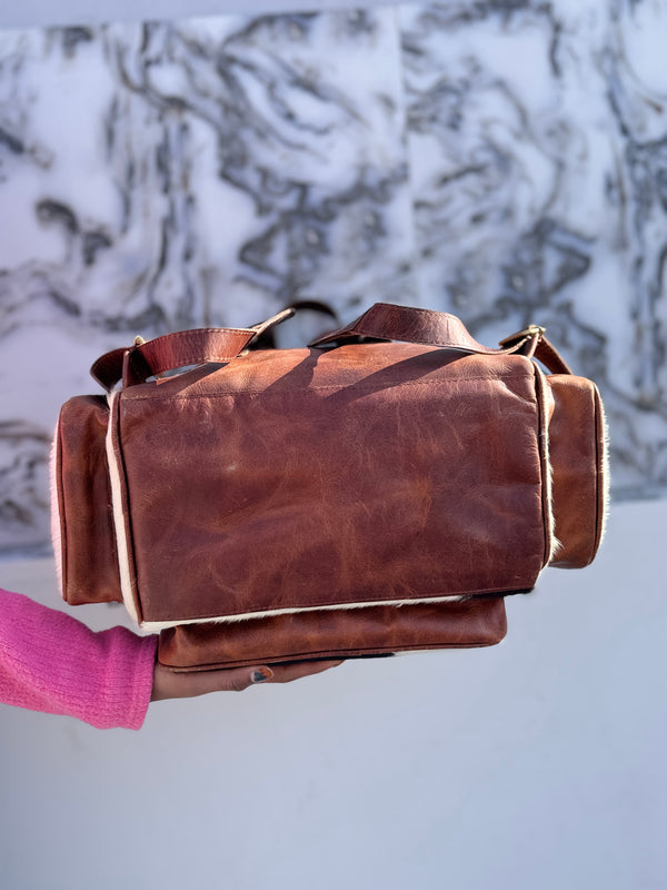 Hand Tooled Leather Backpack Hair On Hide Fur Stylish Backpack Checkers Pattern School Bags Unisex Bag