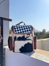 Hand Tooled Leather Backpack Hair On Hide Fur Stylish Backpack Checkers Pattern School Bags Unisex Bag
