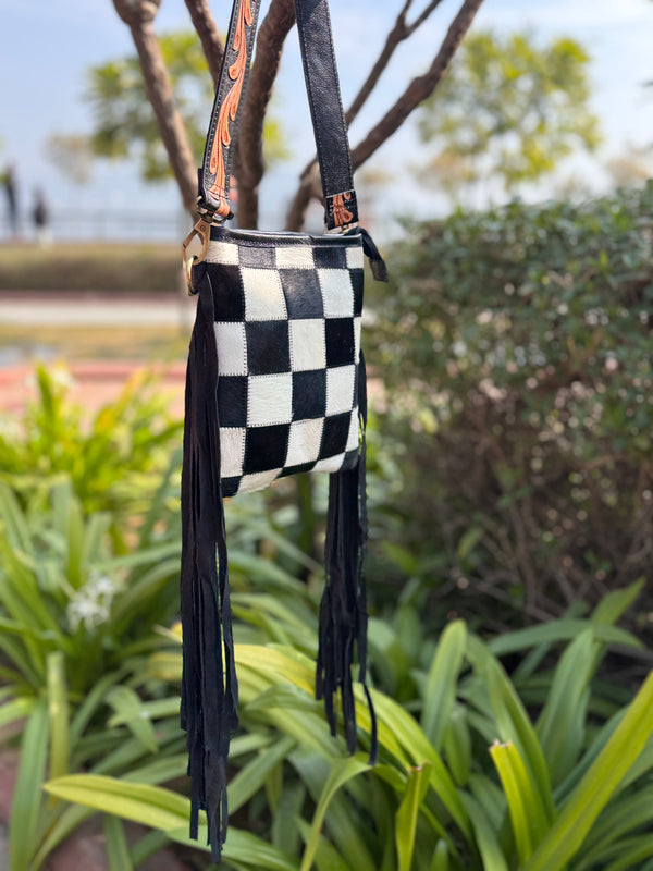 Cowhide Fur Leather Fringe Bag Hand Tooled Carving Beautiful Designer Women's Bags