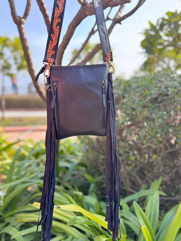 Cowhide Fur Leather Fringe Bag Hand Tooled Carving Beautiful Designer Women's Bags