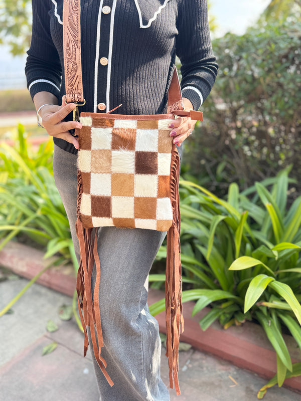 Cowhide Fur Leather Fringe Bag Hand Tooled Carving Beautiful Designer Women's Bags