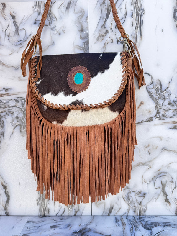 Cowhide Fur Fringe Handbag Sling Bags Gypsy Stylish Turquoise Colour Stone Vintage Bags