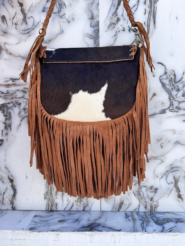 Cowhide Fur Fringe Handbag Sling Bags Gypsy Stylish Turquoise Colour Stone Vintage Bags