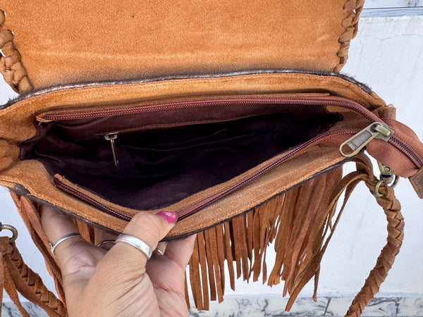Cowhide Fur Fringe Handbag Sling Bags Gypsy Stylish Turquoise Colour Stone Vintage Bags