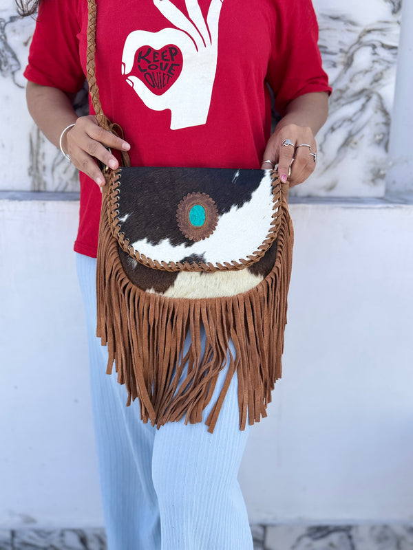 Cowhide Fur Fringe Handbag Sling Bags Gypsy Stylish Turquoise Colour Stone Vintage Bags
