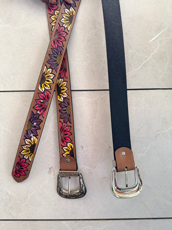 High Quality Leather Belts Hand Tooled Carving Stylish Sunflower Belt UnisexLuxury Belts