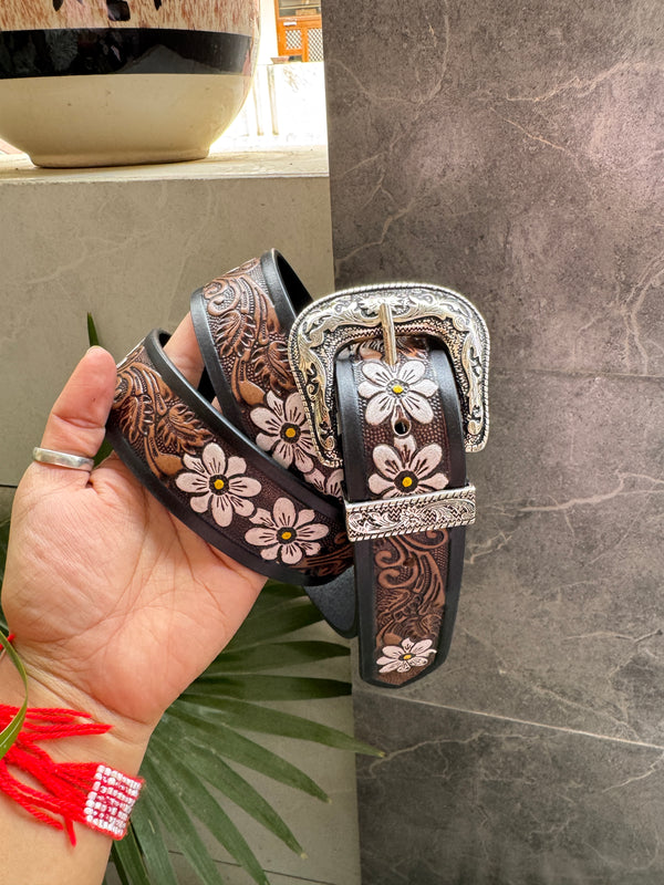 Hand Tooled Leather Belts Stylish Handmade Belts Flower Print Boho Vintage Stylish Western Leather Belts