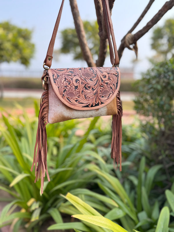 Cowhide Fur Leather Fringe Bag Hand Tooled Leather Cross Body Sling Bag Handmade Multi Uses Bags