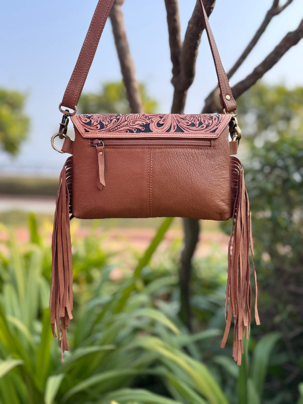 Cowhide Fur Leather Fringe Bag Hand Tooled Leather Cross Body Sling Bag Handmade Multi Uses Bags