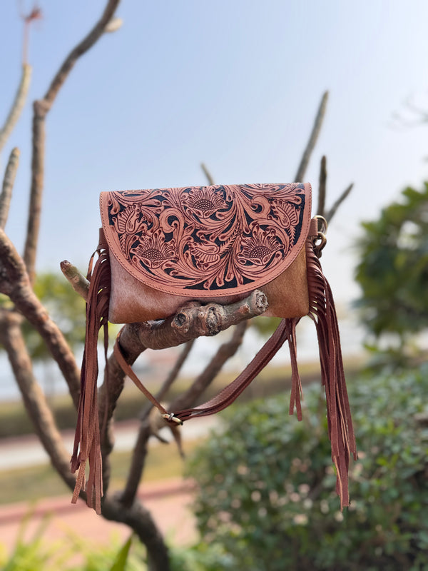 Cowhide Fur Leather Fringe Bag Hand Tooled Leather Cross Body Sling Bag Handmade Multi Uses Bags
