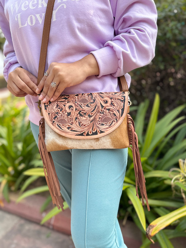 Cowhide Fur Leather Fringe Bag Hand Tooled Leather Cross Body Sling Bag Handmade Multi Uses Bags