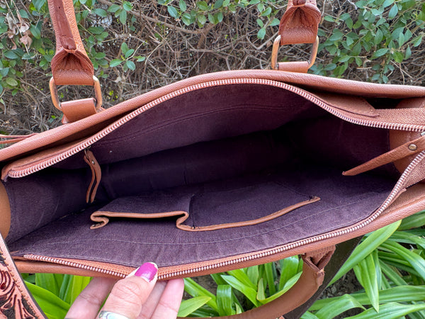 Cowhide Fur Leather Tote Bag Hand Tooled Carving Leather Shoulder Bag