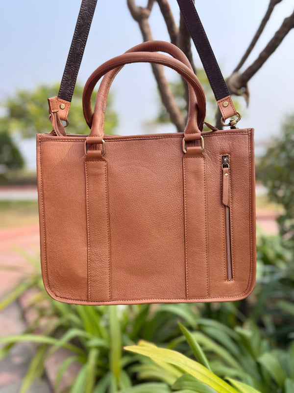 Cowhide Fur Leather Tote Bag Hand Tooled Carving Leather Shoulder Bag