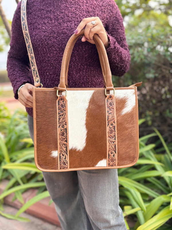 Cowhide Fur Leather Tote Bag Hand Tooled Carving Leather Shoulder Bag