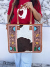 Hand Tooled Carving Leather Tote Bag Stylish Leather Purse Cowhide Fur Leather Bags